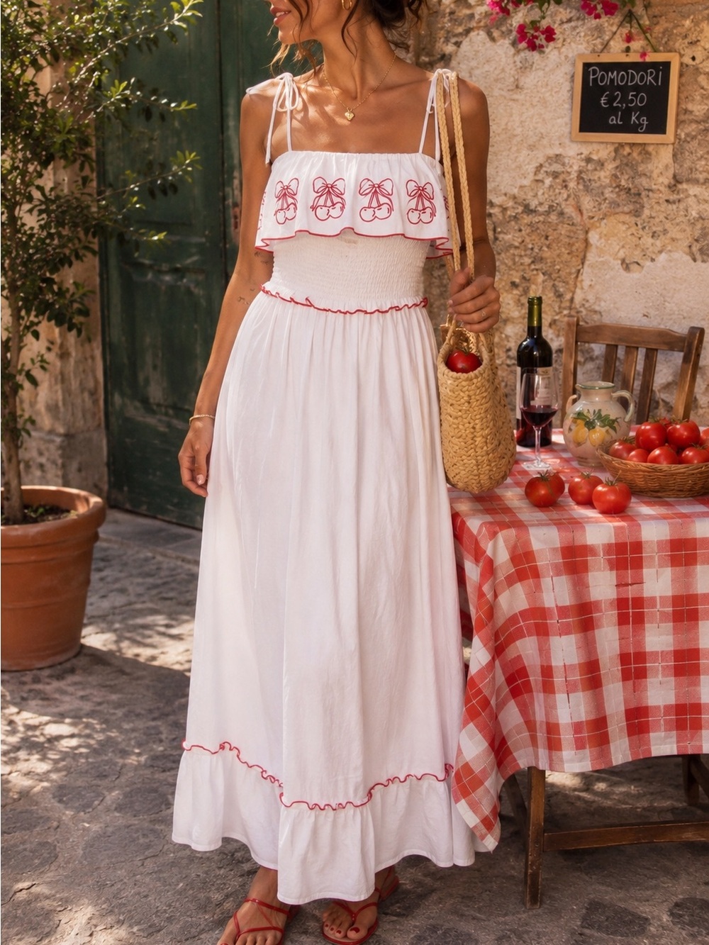 Tomato Girl Cherry Print White Smocked Maxi Dress XS Ruffle Coquette Euro Summer